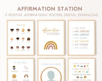 May include: A set of 11 printable posters with positive affirmations for children. The posters feature illustrations of rainbows, a mirror, and a child's face. The text on the posters includes phrases like "I am kind", "I am strong", and "You matter".