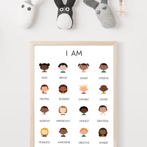 May include: A printable poster with the words "I AM" at the top and a grid of 16 colorful illustrations of children's faces. Each face is paired with a positive affirmation word, such as "kind", "brave", "smart", "strong", "helpful", "enough", "capable", "loved", "worthy", "important", "honest", "grateful", "fearless", "awesome", "creative", and "unique".