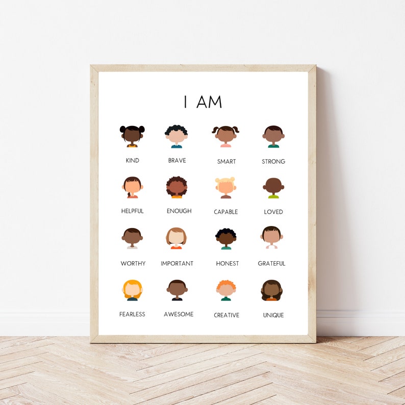 May include: A printable poster with the words "I AM" at the top and a grid of 16 illustrated faces with positive affirmations below each face. The affirmations include words like "kind", "brave", "smart", "strong", "helpful", "enough", "capable", "loved", "worthy", "important", "honest", "grateful", "fearless", "awesome", "creative", and "unique".