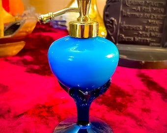 Irice Handblown Cased Glass Perfume Atomizer Bottle in Opaline Peacock Blue Circa 1920 Portugal / Germany