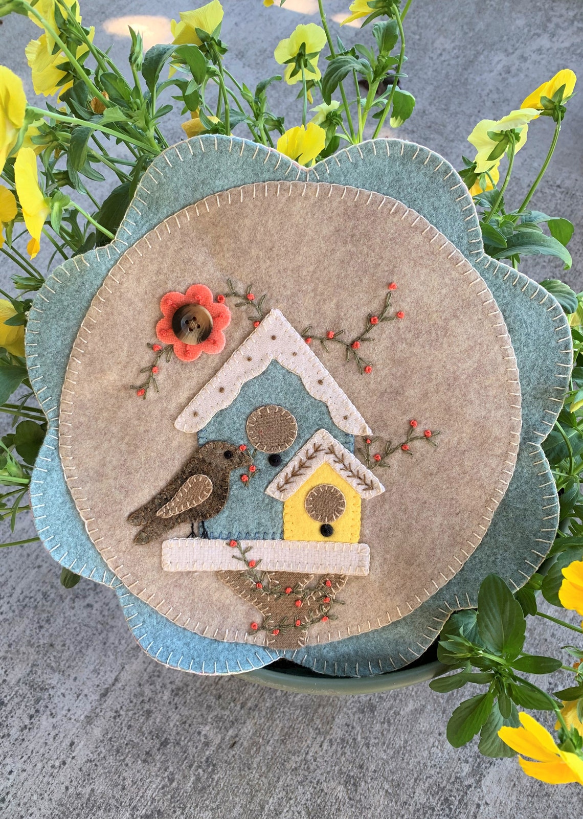Finished Bird House Wool Applique Mat Etsy