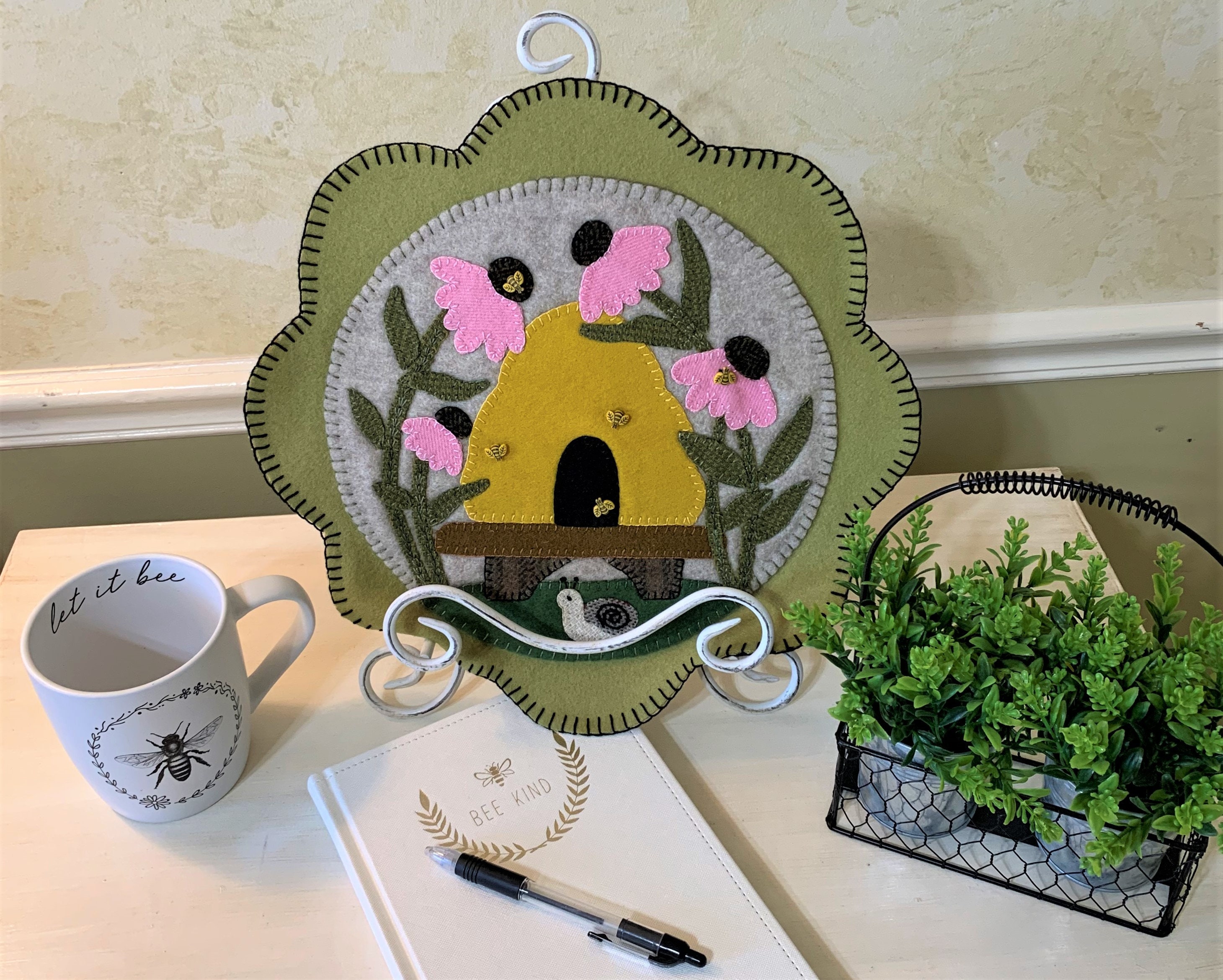 Finished Spring Bee Skep Wool Applique Mat Etsy