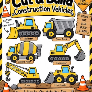 Könnte beinhalten: Ein Cut & Build Construction Vehicles Arbeitsblatt mit Illustrationen von Planierraupe, Muldenkipper, Betonmischer, Bagger, Kran und Radlader. Die Seite enthält Text, orangefarbene Verkehrskegel und ein Holzschild mit Anweisungen.