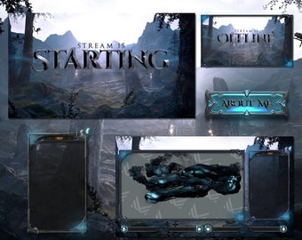 May include: A blue and black Twitch stream overlay with a fantasy landscape background. The overlay includes a chat box, a "Stream is Starting" banner, an "About Me" button, and a "Stream is Offline" banner.
