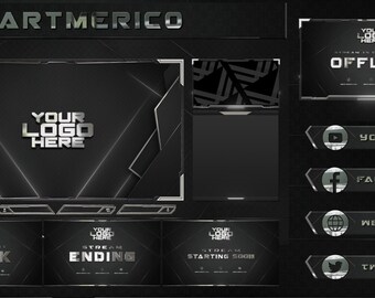 Animated Black and Silver Twitch Stream Pack: Overlays, Screens, Panels