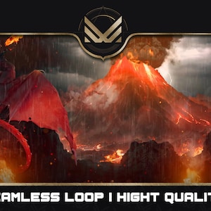 Könnte beinhalten: Ein roter Drache fliegt über einen feuerspeienden Vulkan, der Lava ausspuckt. Regen fällt aus einem stürmischen Himmel. Die Szene spielt vor einem dunklen, bewölkten Hintergrund.