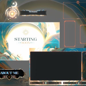 May include: A blue and gold abstract background with a white circle in the center. The text "STARTING SOON" is written in black letters inside the circle. There are several rectangular frames with orange borders around the image. The text "New Donation" is written in white letters on a black background in one of the frames.