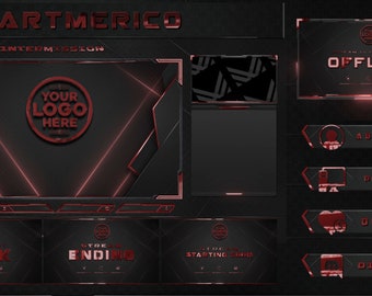 May include: A black and red Twitch stream overlay with the text "ARTMERICO" and "INTERMISSION" at the top. The overlay includes a space for a logo, a video stream, and several buttons for social media, donations, and more.