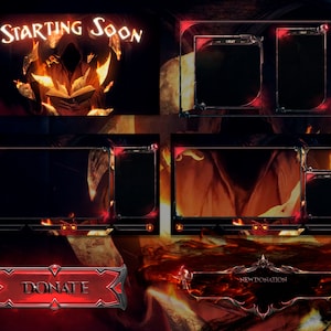 Peut inclure: Une superposition de flux Twitch rouge foncé et noir avec un arrière-plan enflammé. La superposition comprend des sections pour le chat, les dons et un compte à rebours de début imminent. Le texte "STARTING SOON" est affiché dans une grande police en gras.