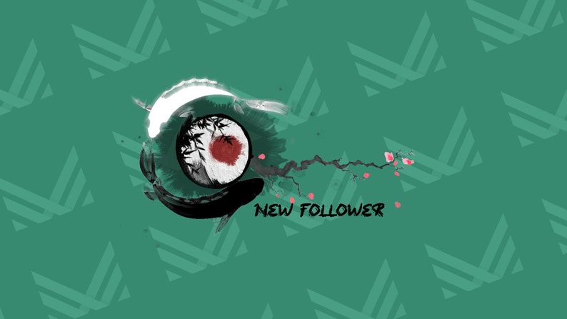 Puede incluir: Una ilustraci&oacute;n en blanco y negro de un pez nadando en c&iacute;rculo con un sol rojo y una rama de flores de cerezo. El texto "NEW FOLLOWER" est&aacute; debajo de la ilustraci&oacute;n.