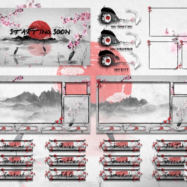 Voll animiertes japanisches Overlay | Sakura Kirschblüte | Hanami | Stream-Overlay-Paket | Schirme | Webkamera | Benachrichtigungen | Paneele | Übergang