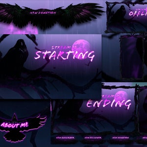 Lila ANIMIERTES PAKET | Krähe Overlay | Ab | BRB | Ende | Offen | Pause | Chatten | Übergang | Paneele | Benachrichtigungen