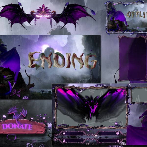 Dragon Stream Package | Rain God - Purple Version | Panels | Webcam | Facecam | Screens | Alerts | Chatting | Intermission - Full animated