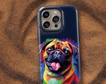 Pop Art Mopshond iPhone-hoesje, opvallend kleurrijk Mopshondportret, uniek cadeau voor hondenliefhebbers en Mopshondeigenaren.