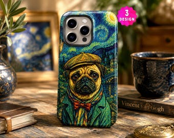 Van Gogh-stijl hondenhoesje voor iPhone 17 16 15 14 Pro, vintage schattig mopshondje iPhone-hoesje