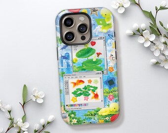 Y2K japanese Aqua Kawaii Collage iPhone 18 17 16 Case, Blue Green Y2K Nature Aesthetic Art Phone Case