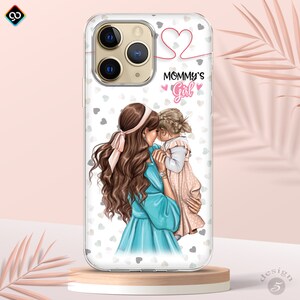 May include: A clear phone case with a white background and a design of a mother and daughter hugging. The design includes pink hearts and the text "Mommy's Girl".