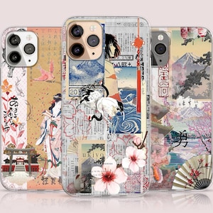 Funda para teléfono con collage estético de arte japonés, funda para teléfono minimalista con motivos preppy de anime japonés, funda para teléfono con moodboard japonés, funda para iPhone 16, 15, 14 y 13