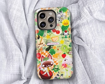 Protective iPhone 18 17 16 Case Design with japanese Kawaii Collage, Cute Cartoon Anime Fruits Flowers and Cats, Fun Gift for Her