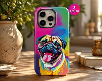 Kleurrijk hoesje met mopshondmotief voor iPhone 17 16 15 14 Pro, een leuk cadeau voor mopshondliefhebbers.