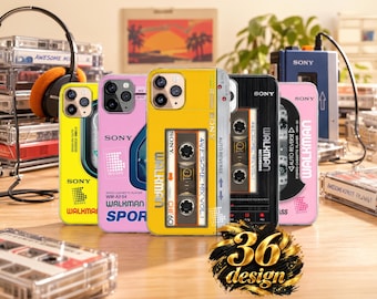 May include: A collection of five smartphone cases featuring retro Sony Walkman cassette player designs in yellow, pink, and black. Each case displays detailed graphics of cassette tapes, control buttons, and the Sony Walkman logo, mimicking the appearance of vintage portable audio devices.