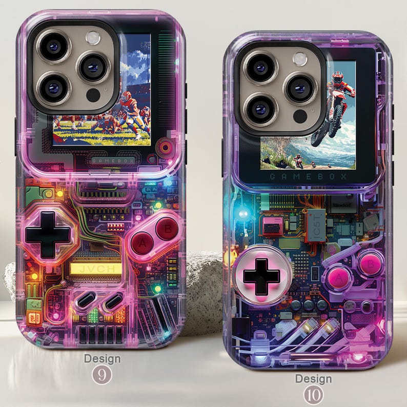 May include: Two clear phone cases with a retro video game design. One case features a football game on the screen, the other a motocross scene. Both cases have a colorful circuit board design with a D-pad and buttons.