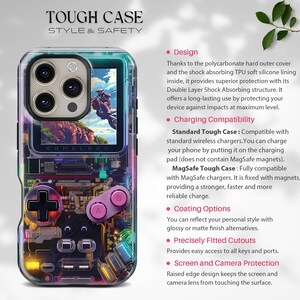 May include: Clear phone case with a retro video game design. The case features a colorful graphic of a motorcycle racer on a screen, with a black cross-shaped directional pad and pink buttons. The text "TOUGH CASE" is at the top.