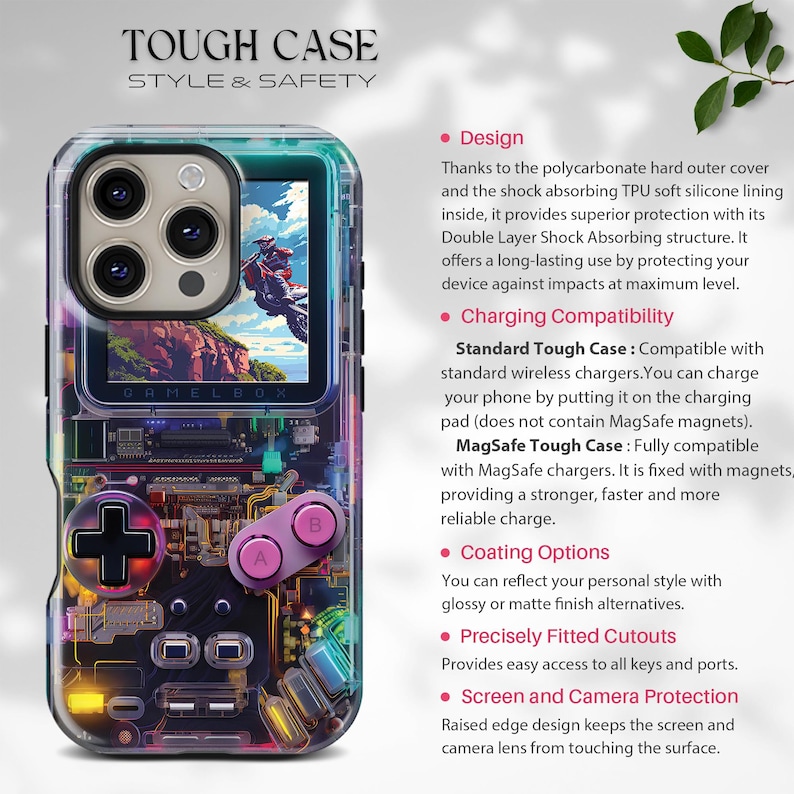May include: Clear phone case with a retro video game design. The case features a colorful graphic of a motorcycle racer on a screen, with a black cross-shaped directional pad and pink buttons. The text "TOUGH CASE" is at the top.