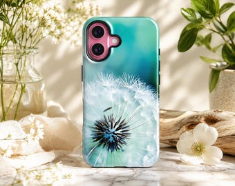 Paardenbloem iPhone 17 16 15 14 Pro hoesje, turquoise blauw bloemenmotief, natuurkunst, cadeau voor natuurliefhebbers