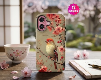 Bird Floral iPhone 17 16 15 14 Pro Case, Japanese Sakura Cherry Blossom Design Phone Cover