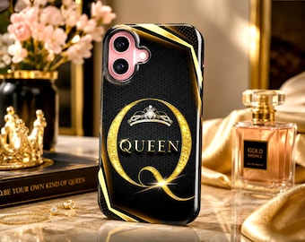 Luxe Queen iPhone 17 16 15 14 Pro hoesje, zwart-gouden koninklijk kroon design, glamoureus voor elegante vrouwen, ideaal als cadeau voor haar.