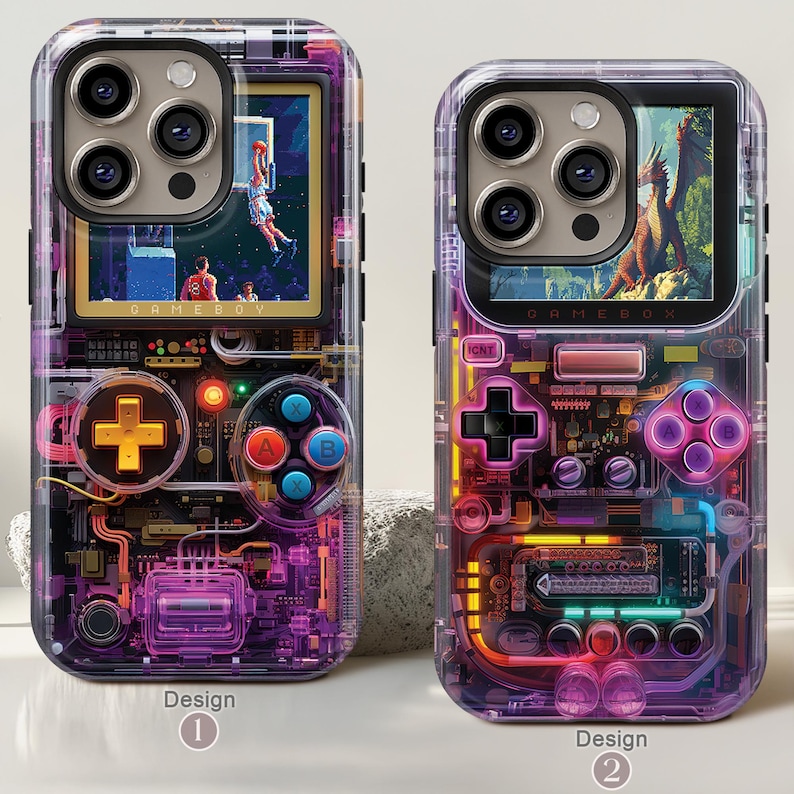 May include: Two clear phone cases with a Gameboy design. Design 1 features a basketball scene, while Design 2 showcases a dinosaur. Both cases have a purple, orange, and yellow circuit board design with a D-pad and buttons.