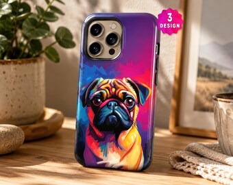 Kleurrijk hoesje met mopshondmotief voor iPhone 17 16 15 14 Pro, een uniek cadeau voor mopshondliefhebbers.