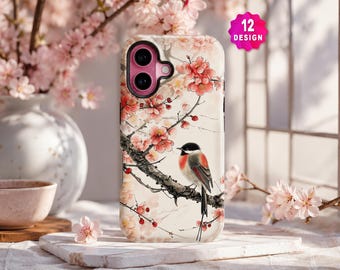 Sakura Bird Botanical Art Design iPhone 17 16 15 14 Case, Pink Floral Cherry Blossom Phone Case