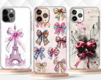 Cute Coquette Bow Phone Case, iPhone 15 14 13 12 Clear MagSafe Phone Case, Paris Ribbon Phone Case, Chic Cherry Phone Case, Samsung S24 S23