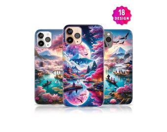 Traditional Japanese Art Aesthetic Phone Case, Fuji Mountain Painting, Japanese Landscape Sakura Phone Case, Japanese Village, iPhone 15 14