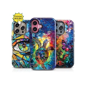iPhone 17/16/15/14 Turtle Butterfly Stained Glass Mosaic Phone Case: Evil Eye Protective MagSafe Tough Phone Case