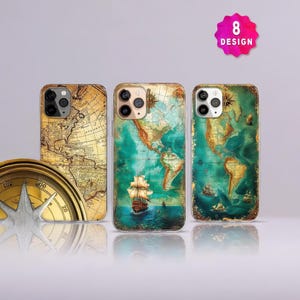 Piraten Retro Weltkarte Kompass Atlas Handyhülle, iPhone 17/16/15 pro MagSafe Handyhülle, Fantasy Old Map, Samsung S25 S24