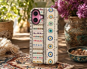 Hoesje met boze oog voor iPhone 17 16 15 14 Pro, boho-achtig patroon, beschermende telefoonhoes