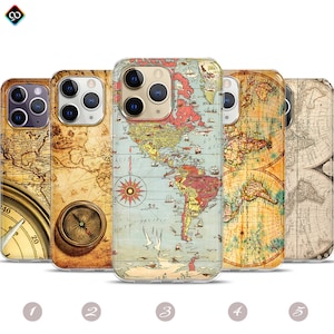 Compass Retro Vintage World Map Phone Case, iPhone 15 14 13 12 Pro Case, Old Antique Travel Phone Case, Retro Samsung S24 23 22 21 Case