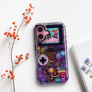 May include: A clear phone case with a retro video game design. The case features a screen displaying a skater, a cross-shaped directional pad, and various buttons in purple, yellow, and blue. The case has a transparent design.