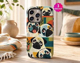 Artistieke iPhone 17 16 15 14 Pro hoes met schattige mopshondjes, cadeau voor dierenliefhebbers