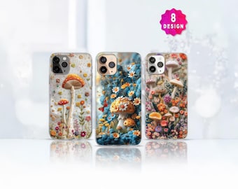 Borduurwerk Paddestoelen Bloemen MagSafe iPhone 17/16/15-hoesje: op de natuur geïnspireerd Boho Cottagecore Forest-telefoonhoesje