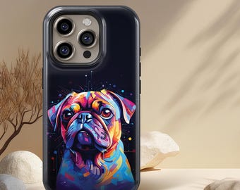 Kleurrijk telefoonhoesje met mopshond, stoer pop-art hondenportret, uniek cadeau voor mopshondliefhebbers en hondenmoeders.