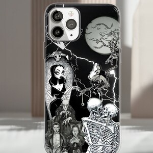 Three Halloween gothic phone cases displayed upright on stands, featuring dark collage designs with skeletons, skulls, ghosts, black cat, moon, bats, witchy artwork, creepy eyes, celestial sun and dark academia details for spooky season phone case listings.