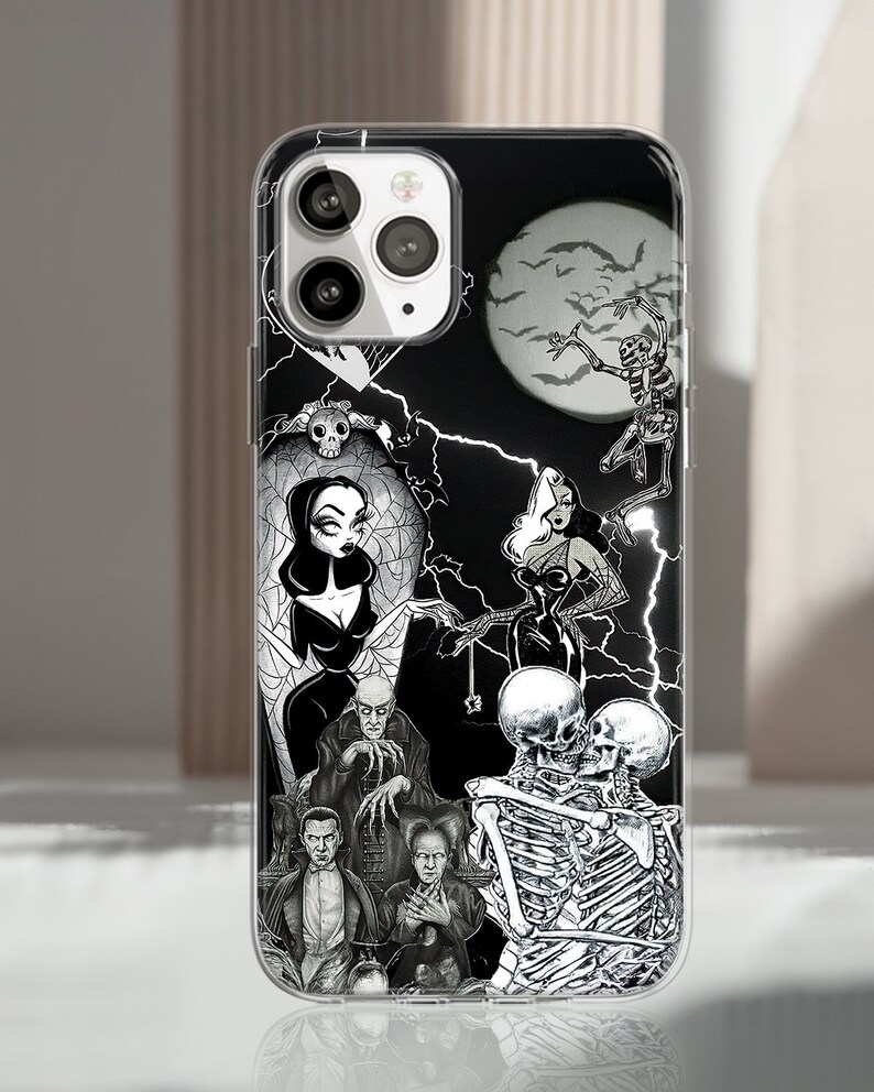 Three Halloween gothic phone cases displayed upright on stands, featuring dark collage designs with skeletons, skulls, ghosts, black cat, moon, bats, witchy artwork, creepy eyes, celestial sun and dark academia details for spooky season phone case listings.