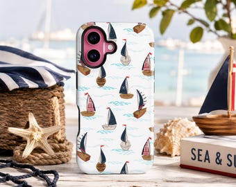 iPhone 17 16 15 14 hoesje met kustzeilmotief, minimalistisch nautisch bootontwerp voor een zomerse strandvibe.