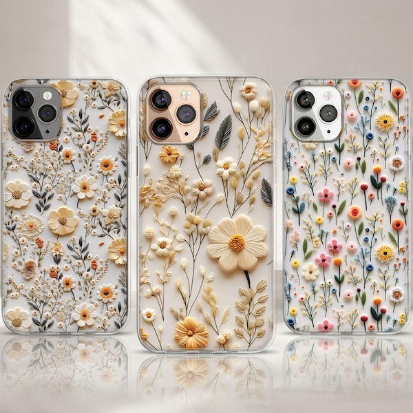 Floral Embroidery Phone Case, iPhone 15 14 13 MagSafe Case, Fashion Daisy Tulip Aesthetic Phone case for Mom, Samsung Galaxy S24 S23 Case