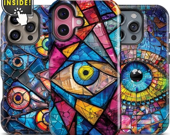 Stained Glass Evil Eye Mosaic Psychedelic iPhone 16 pro Case:  Multicolor Protective Tough Case - iPhone 17/15/14