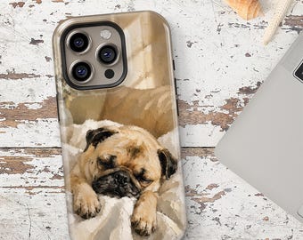 Hoesje voor iPhone 18 17 16 15 met portret van een mopshond, telefoonhoesje in de stijl van een gezellig olieverfschilderij van een mopshond, cadeau voor mopshondenliefhebbers